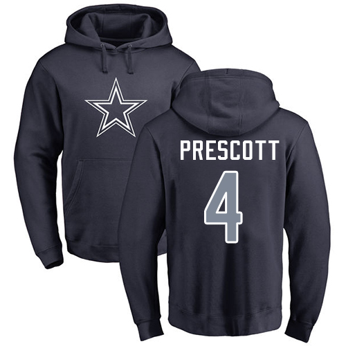 Men Dallas Cowboys Navy Blue Dak Prescott Name and Number Logo #4 Pullover NFL Hoodie Sweatshirts